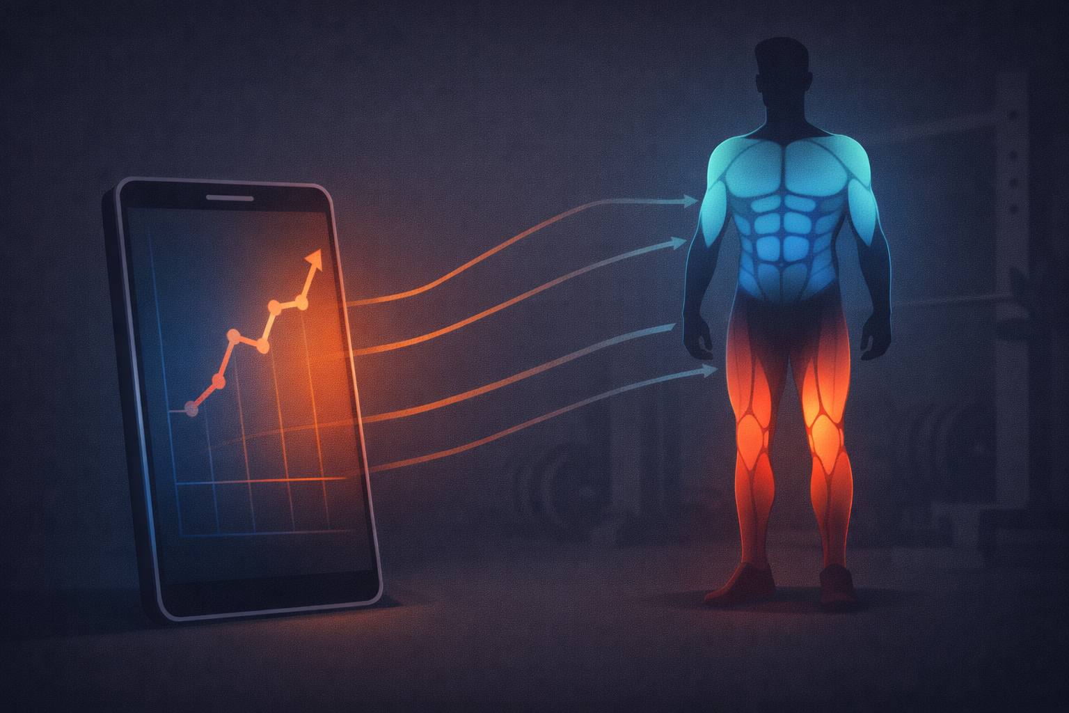 Illustration of a body heat map showing muscle recovery status alongside RPE data trending upward