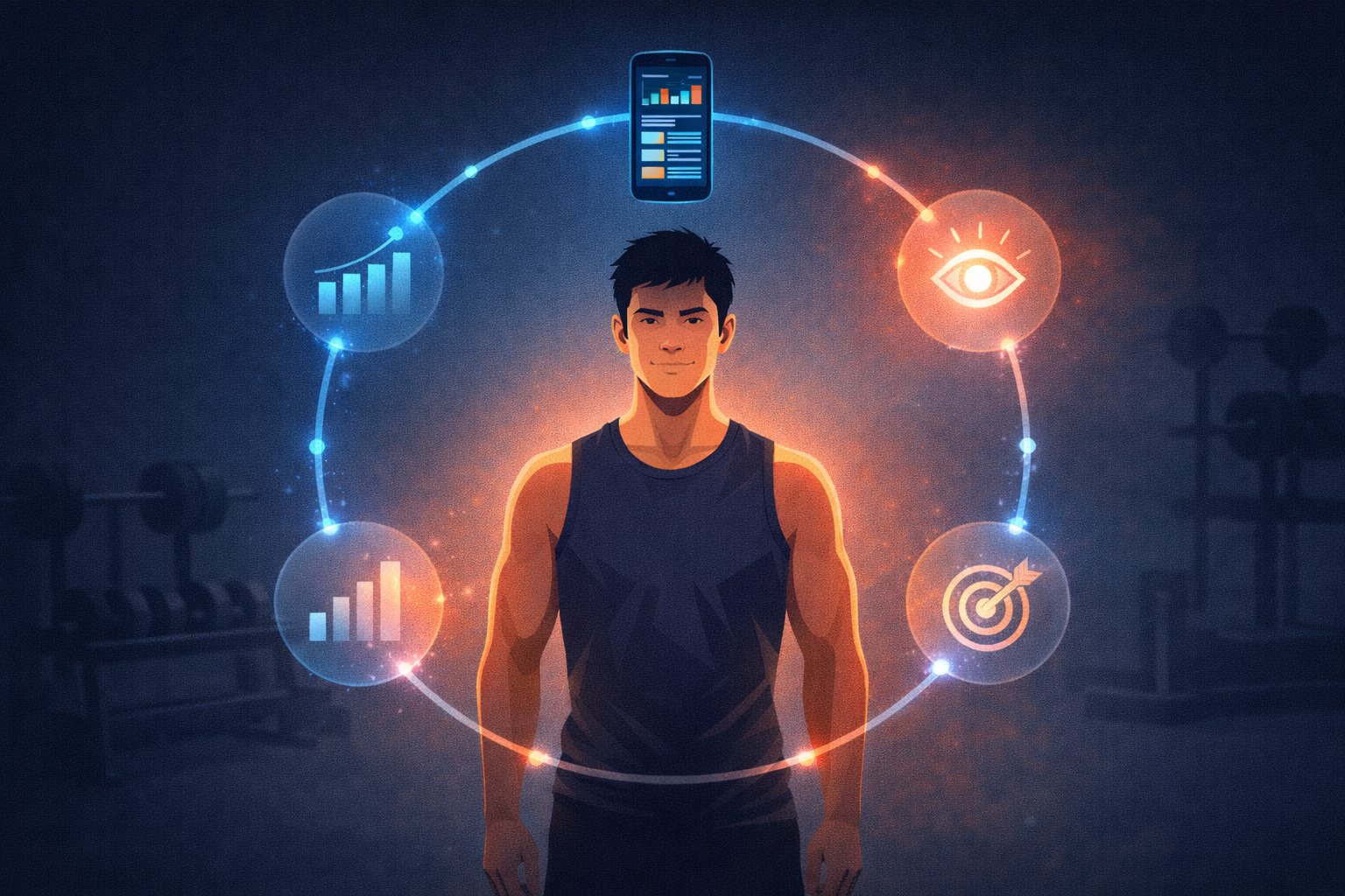 Illustration of a workout tracking feedback loop with four connected stages — tracking, awareness, goal-setting, and visible progress — circling around a person in a gym