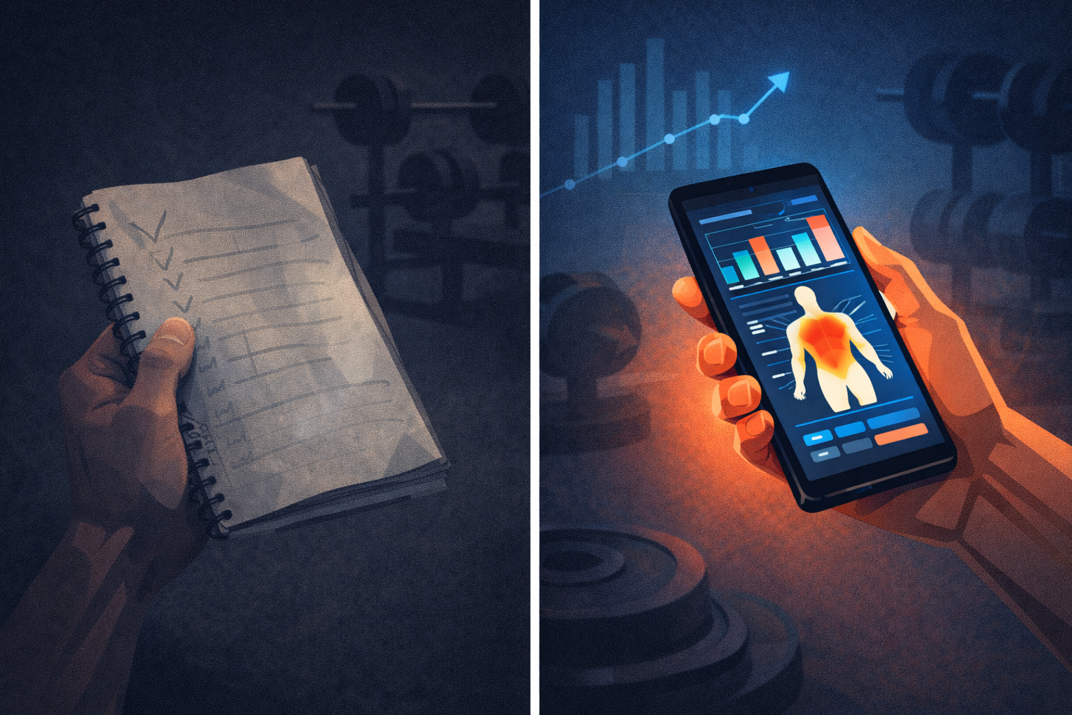 Illustration comparing a faded paper workout journal with a glowing smartphone displaying digital fitness charts, progress graphs, and a body heat map