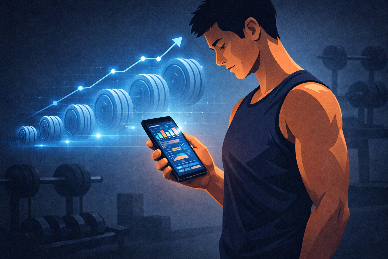 Illustration of a person checking workout data on a smartphone with translucent weight plates rising in a staircase pattern representing progressive overload tracked over time