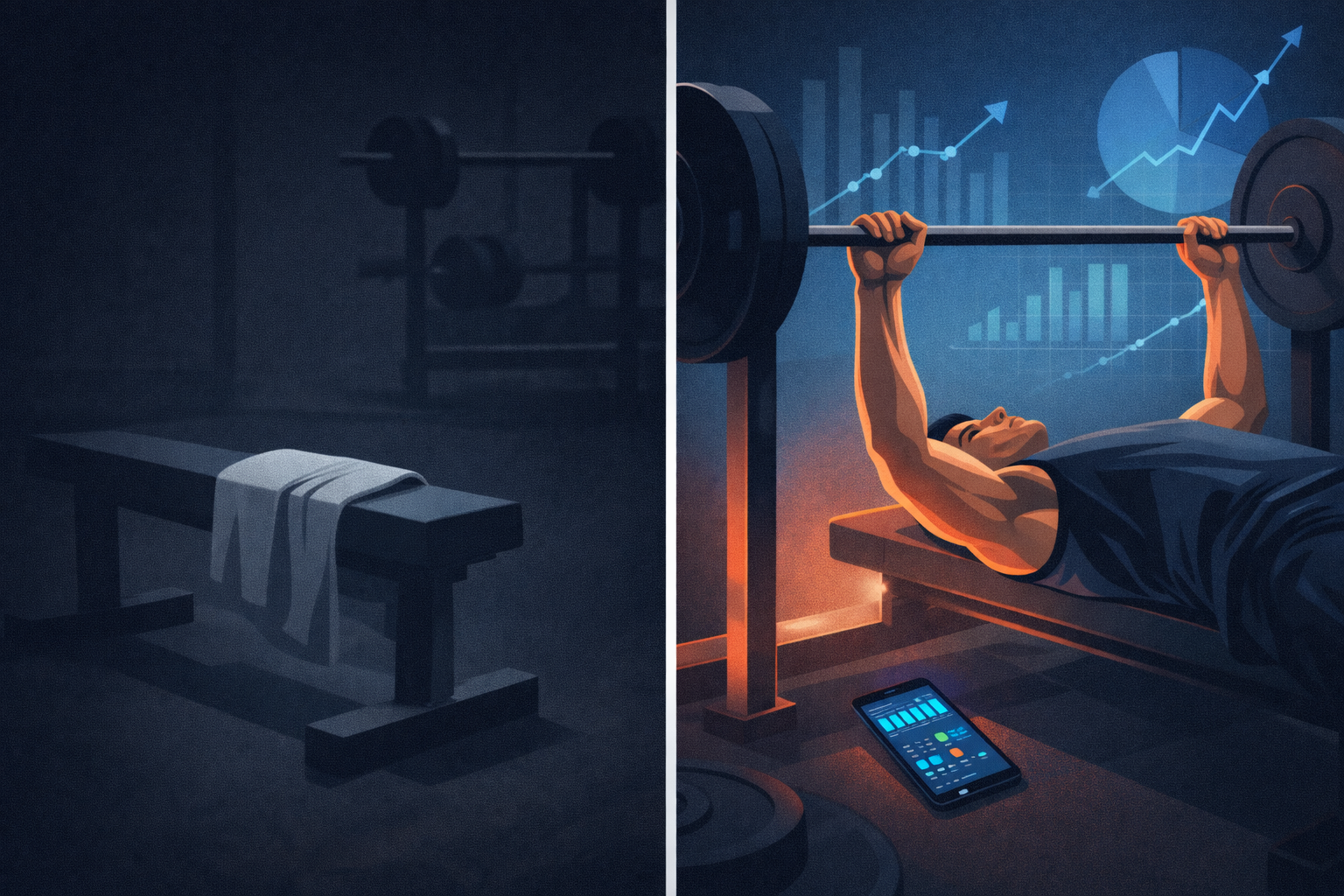 Split illustration comparing an empty gym bench representing missed workouts versus an active lifter with a workout tracker showing consistent weekly training frequency