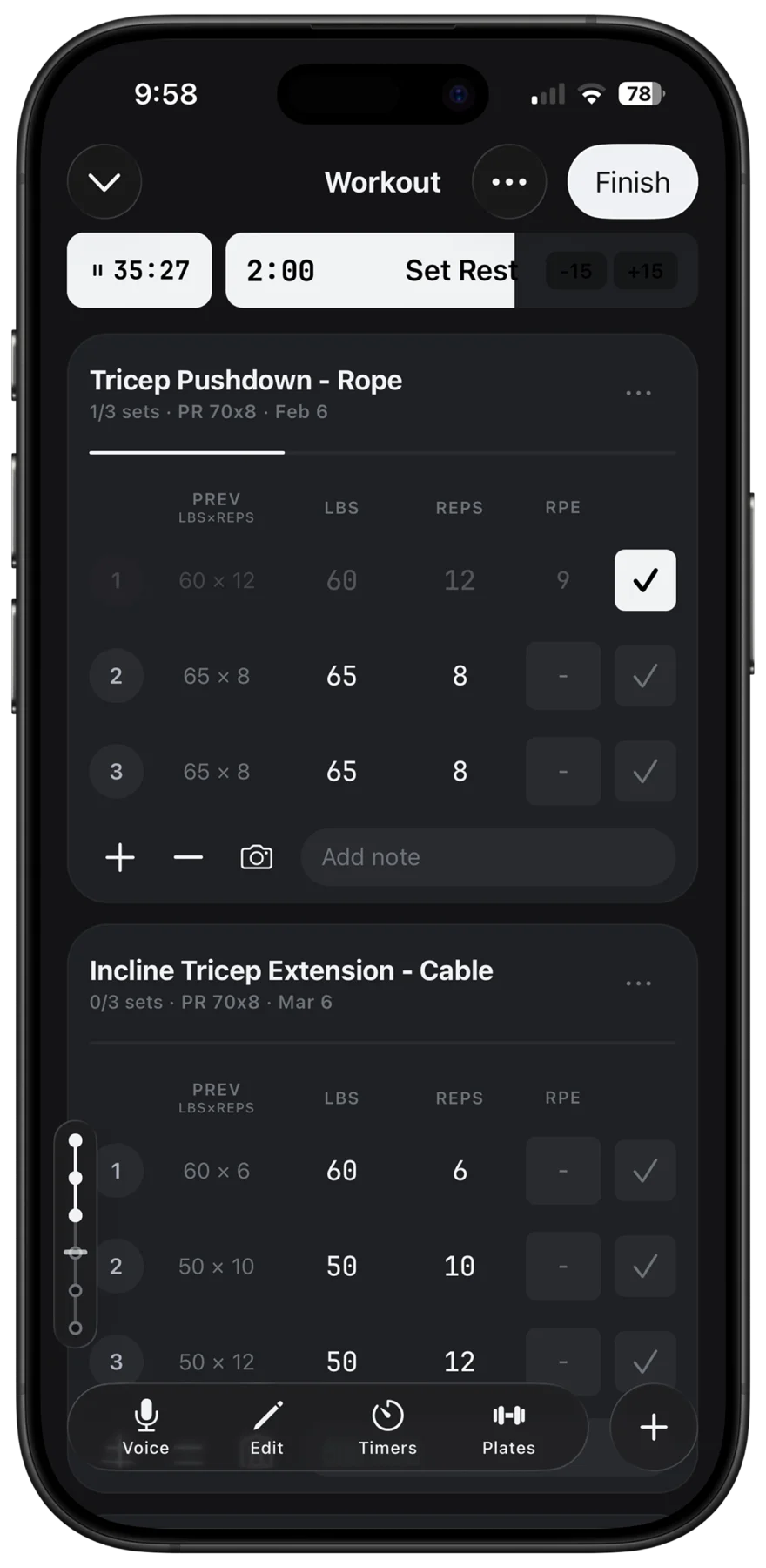 Logging a set in the Slate app