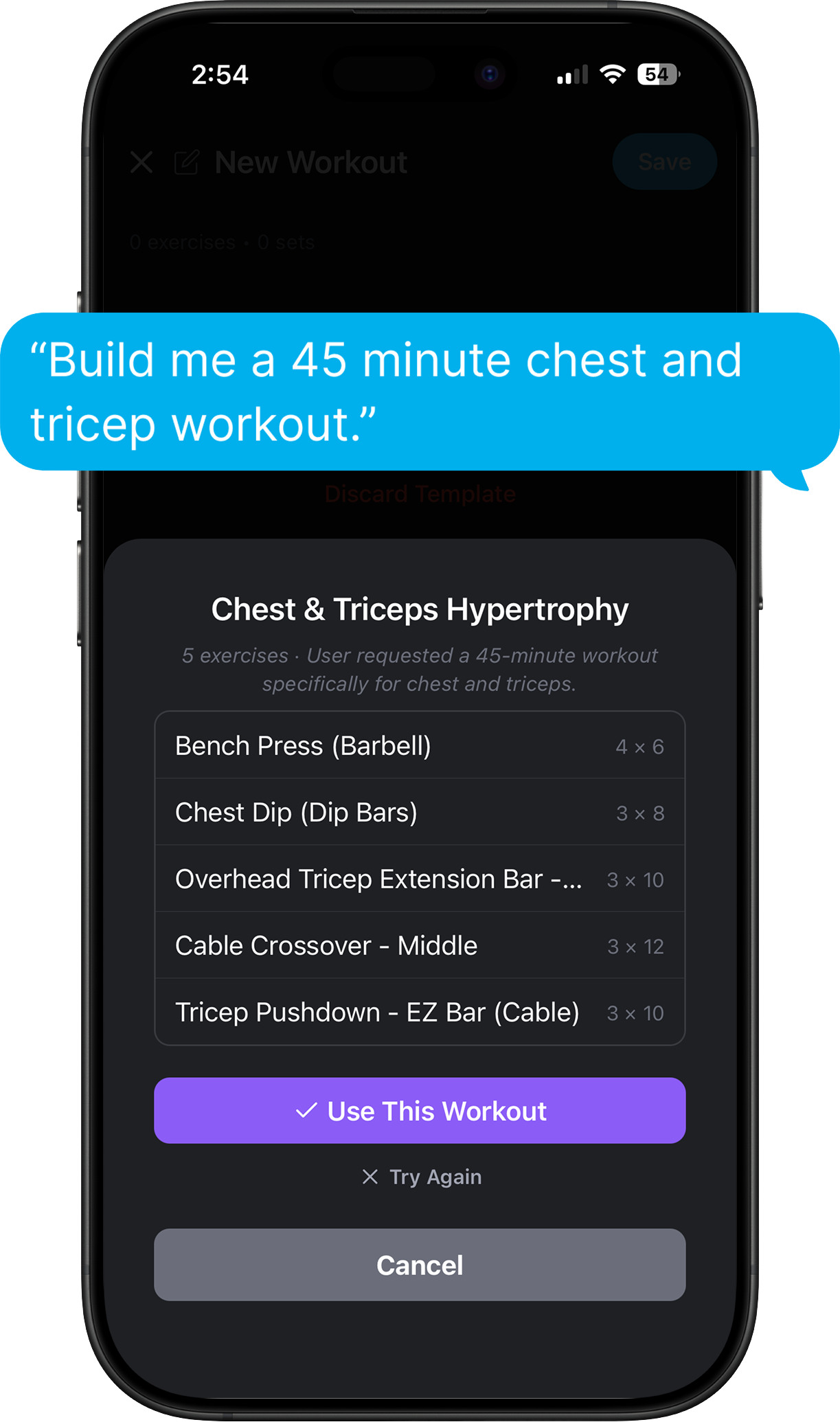 Slate AI workout generator building a customized push day workout plan