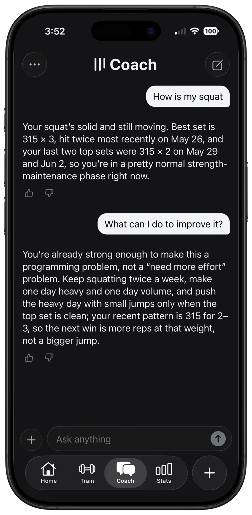 Slate Coach answering questions about the user's squat, citing their real logged numbers