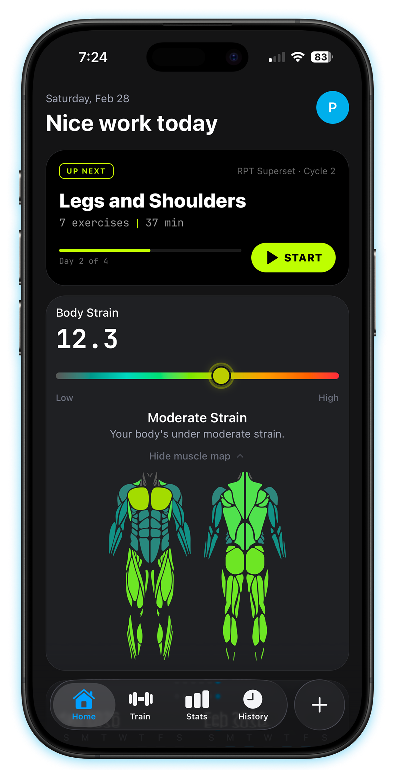 Slate workout tracker — active workout screen showing set logging