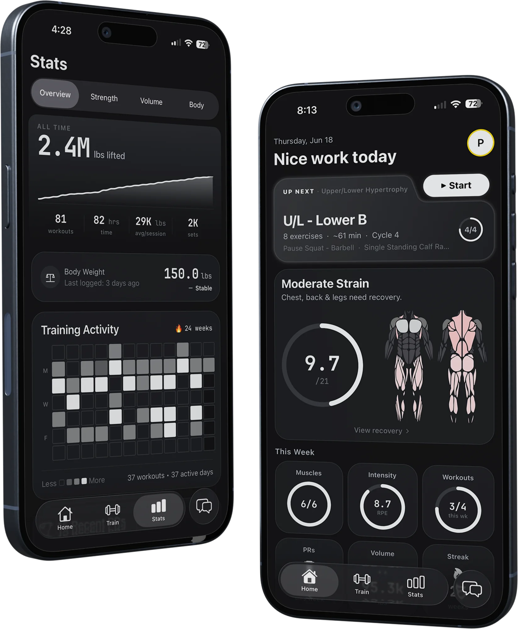 Slate's home dashboard and stats screens — next workout, recovery strain, and all-time training stats