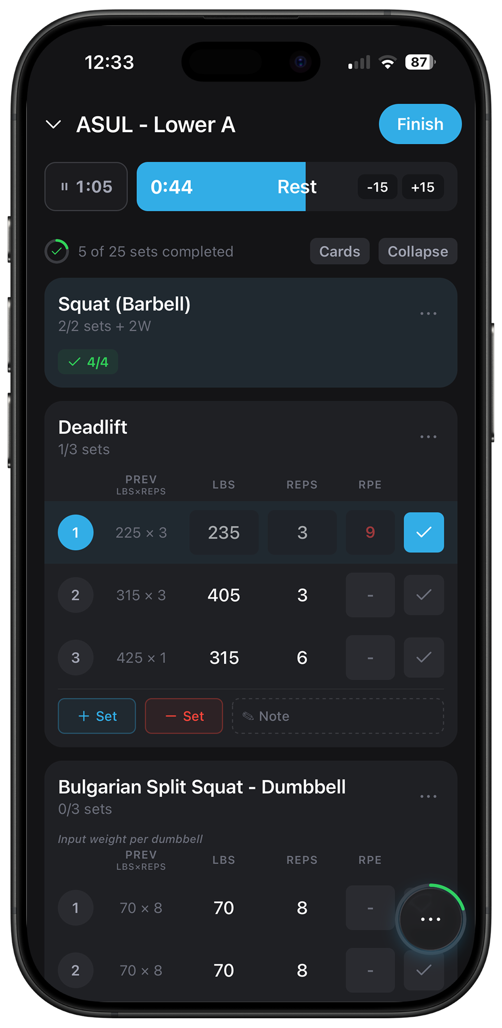 Slate app workout logging screen showing quick set entry with weight and reps