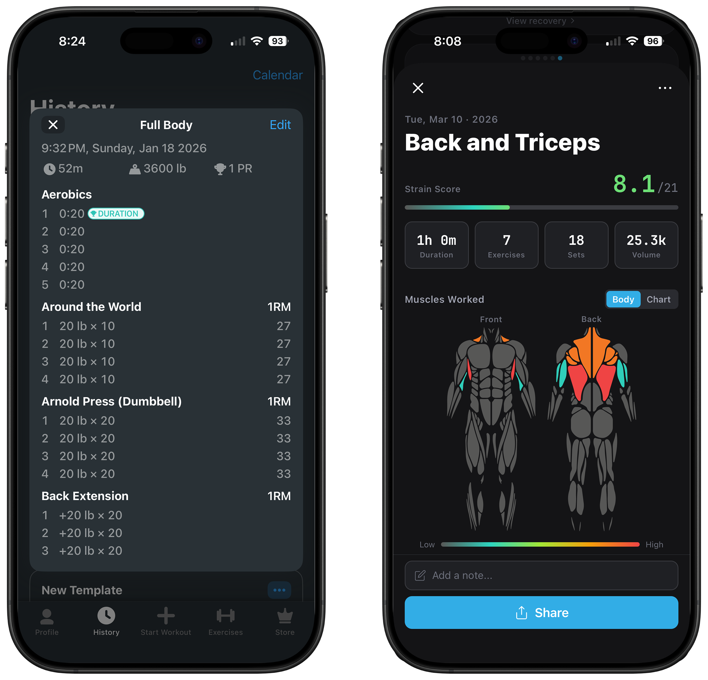 Strong workout history vs Slate muscle map and analytics comparison